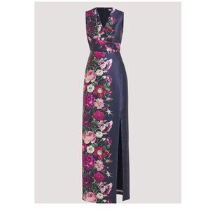 NWT - Kay Unger Coraline Column Gown - Blue/Floral - Size 2 - MSRP $348